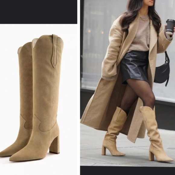 Zara Shoes - Zara Western Tall Suede Leather Knee-High Women's Cowboy Boots Tan 40 EU/ 9 US